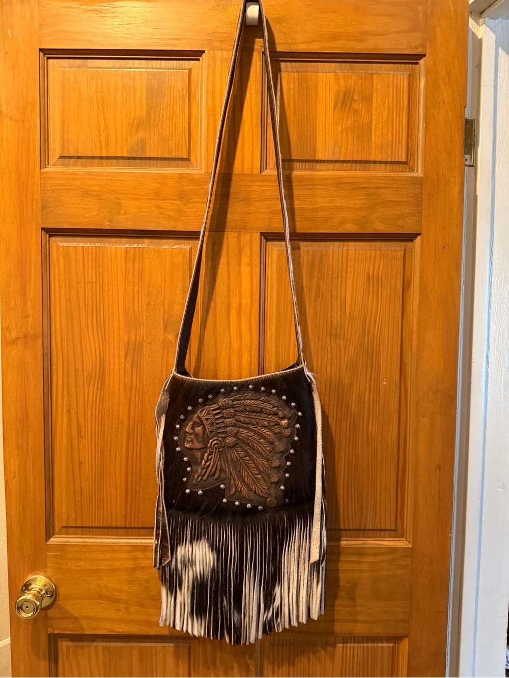 Raviani small Boho Fringe Crossbody Bag with Tooled Native Headdress - Brown